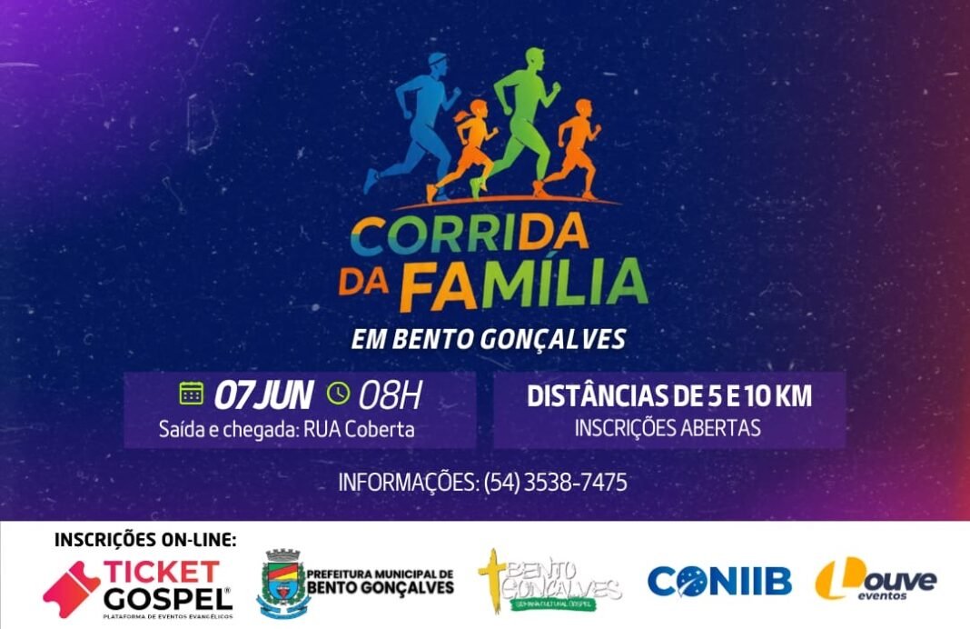 Familia correndo abracada na largada da Corrida pela Familia em Bento Goncalves 2026 na Rua Coberta