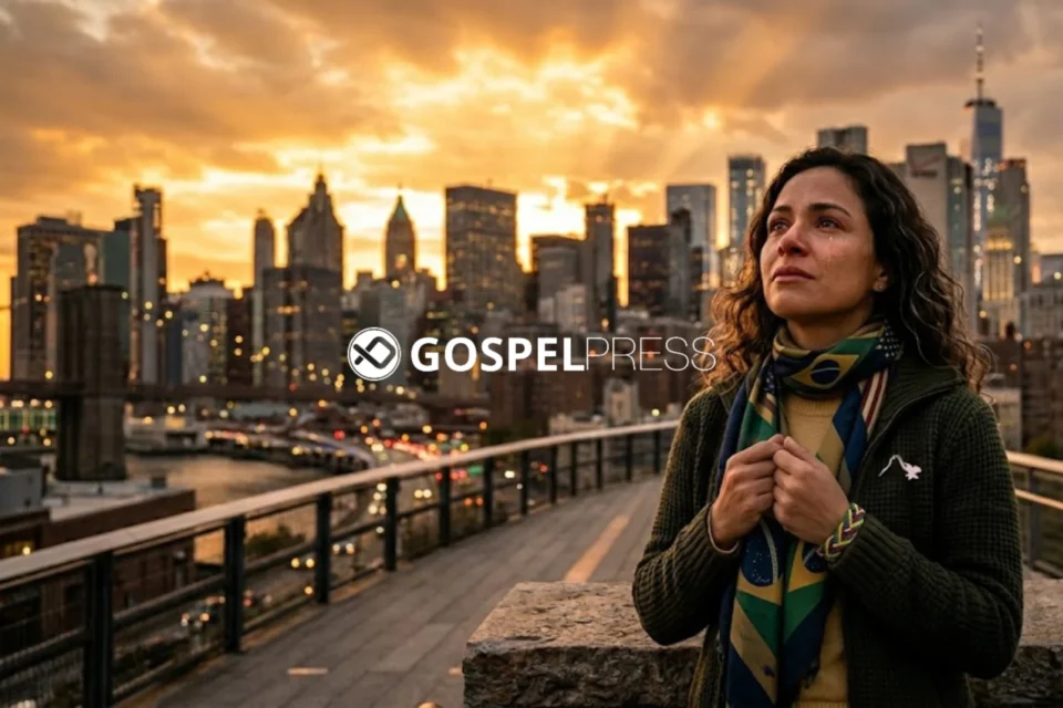 Deus cuida de voce nos EUA - maos segurando Biblia aberta com fundo das bandeiras do Brasil e Estados Unidos