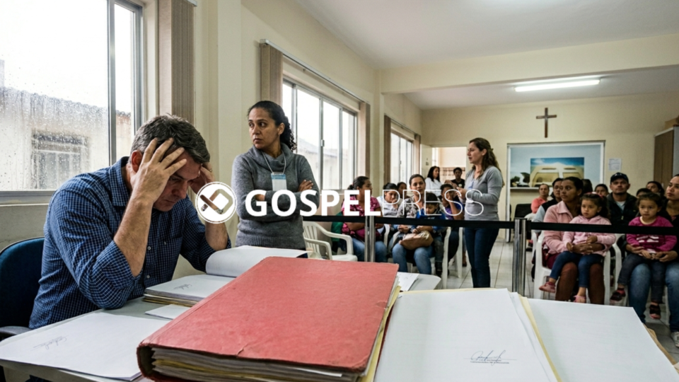 Líderes de associação religiosa analisando documentos para regularização de recursos públicos destinados a projetos sociais cristãos.