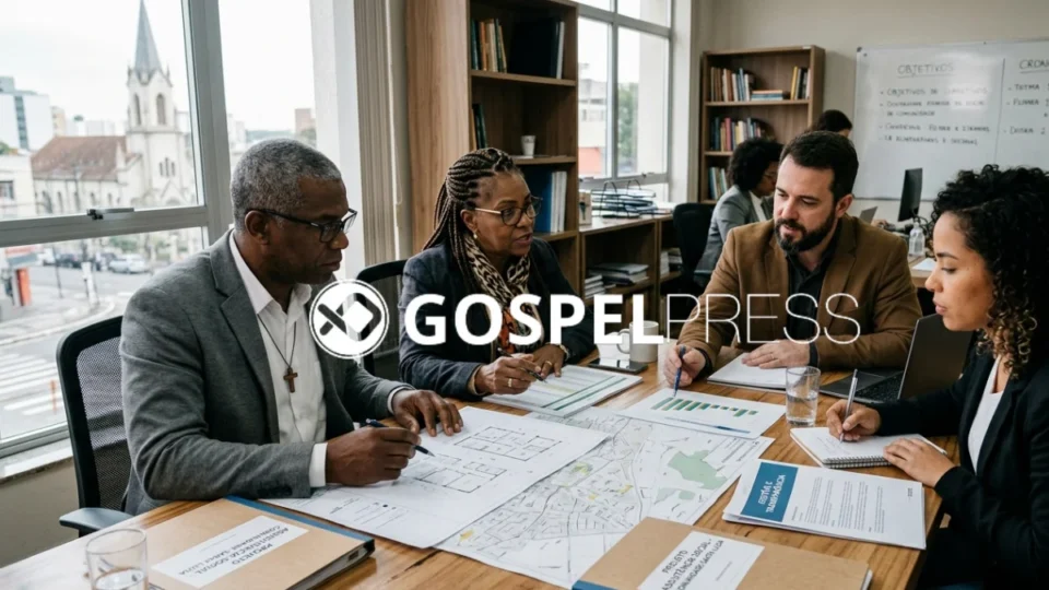 Líderes de associação religiosa analisando projeto social para captação de recursos e verbas destinadas a ações comunitárias.